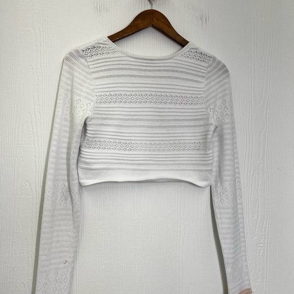 Free People - White Open Fun Design Long Sleeve Trimmed Pink Crop Top Medium - Picture 11 of 12